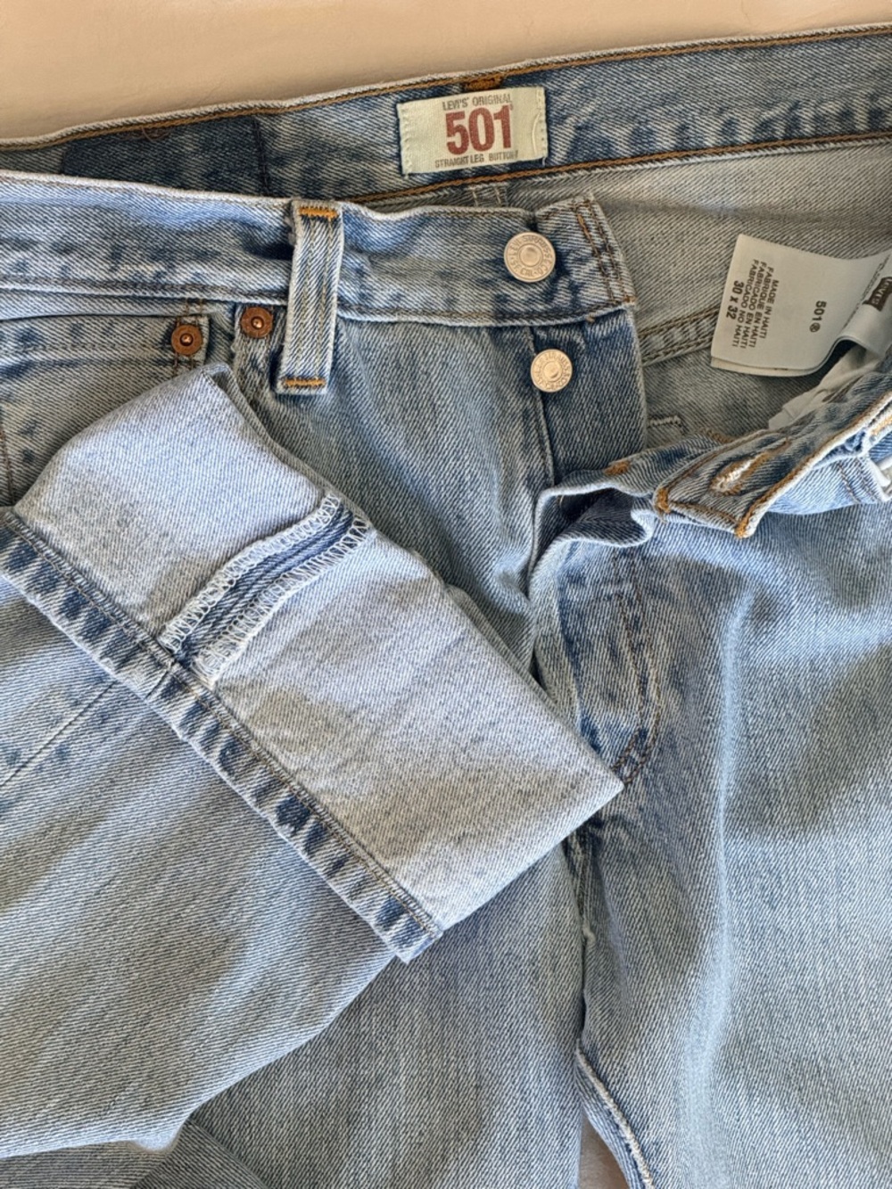 Levi's 501 High-Rise Selvedge Denim in Light Blue Wash Vintage Black Batwing Tag
